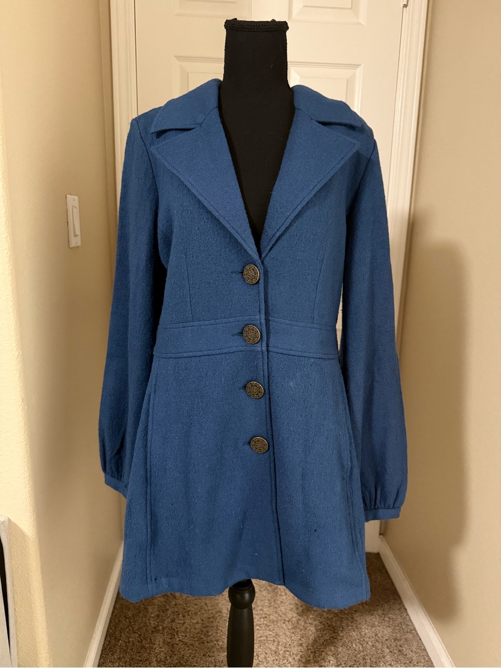 CAbi Blue Tailored Peacoat with Decorative Buttons